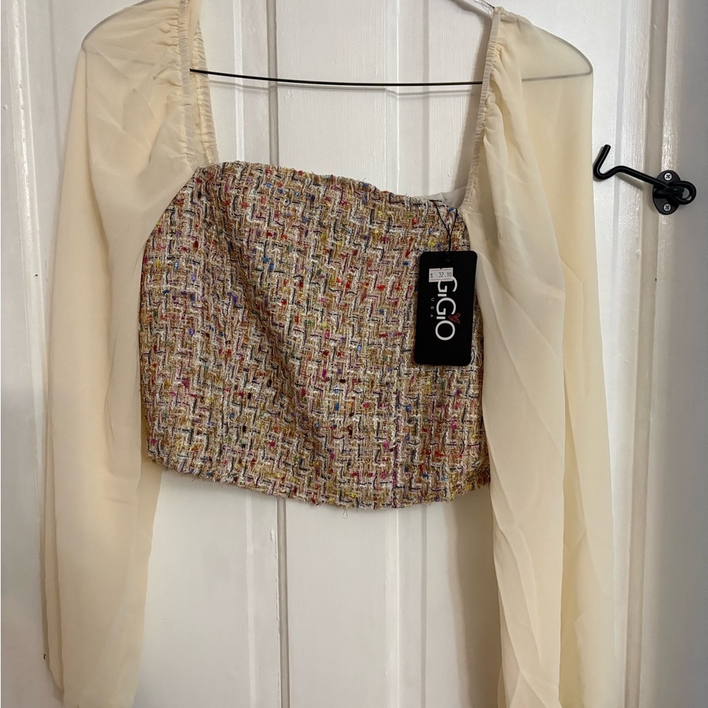 Multicolor Tweed Square-Neck Crop Top with Ivory Long Sleeves - Picture 3 of 7